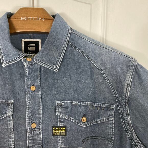 G-STAR RAW Denim Shirt Men XL Blue Vintage-Faded-Wash Logo Western Long-Sl BtnUp - Picture 8 of 15